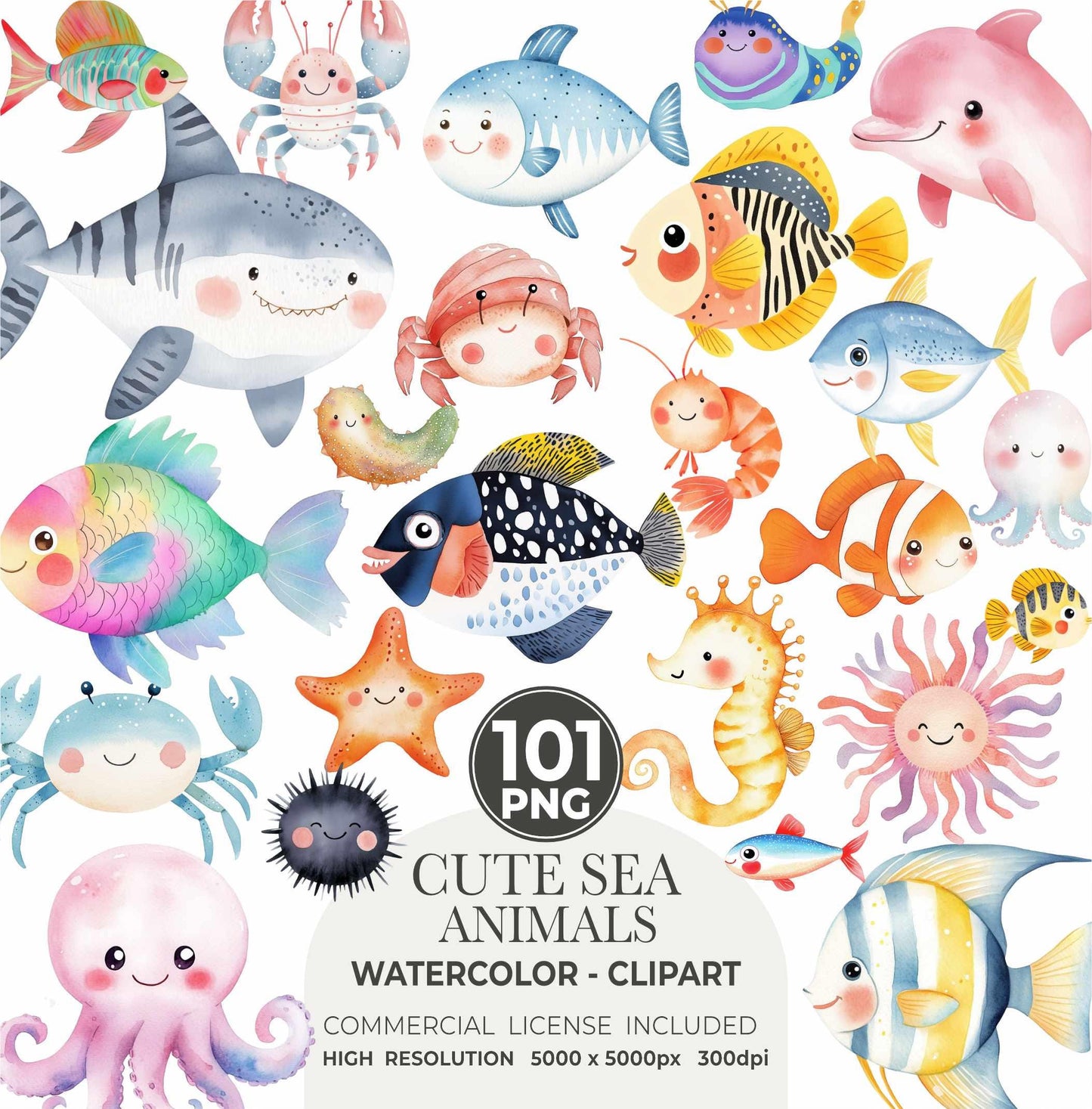Watercolor Sea Animals Clipart: Ocean Nursery Art, Commercial Use (PNG Files)