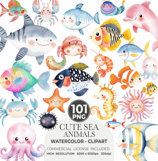 Watercolor Sea Animals Clipart: Ocean Nursery Art, Commercial Use (PNG Files)