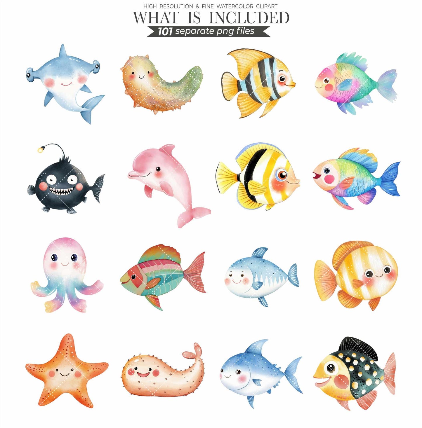 Watercolor Sea Animals Clipart: Ocean Nursery Art, Commercial Use (PNG Files)