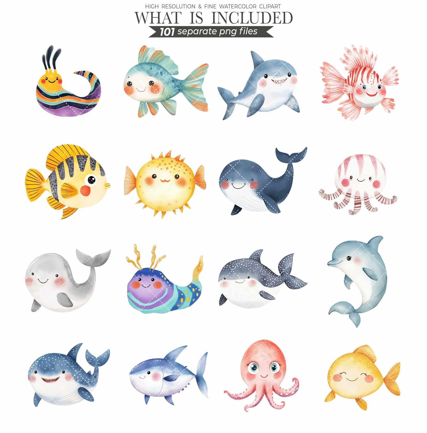 Watercolor Sea Animals Clipart: Ocean Nursery Art, Commercial Use (PNG Files)