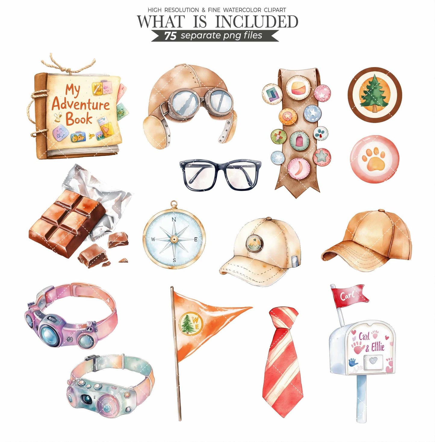 Up Movie Clipart Set: Watercolor Carl, Russell, Balloon House (PNG Files, Digital Download