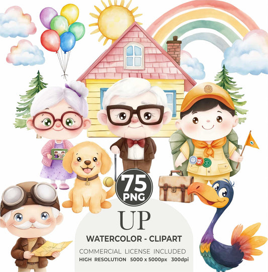 Up Movie Clipart Set: Watercolor Carl, Russell, Balloon House (PNG Files, Digital Download