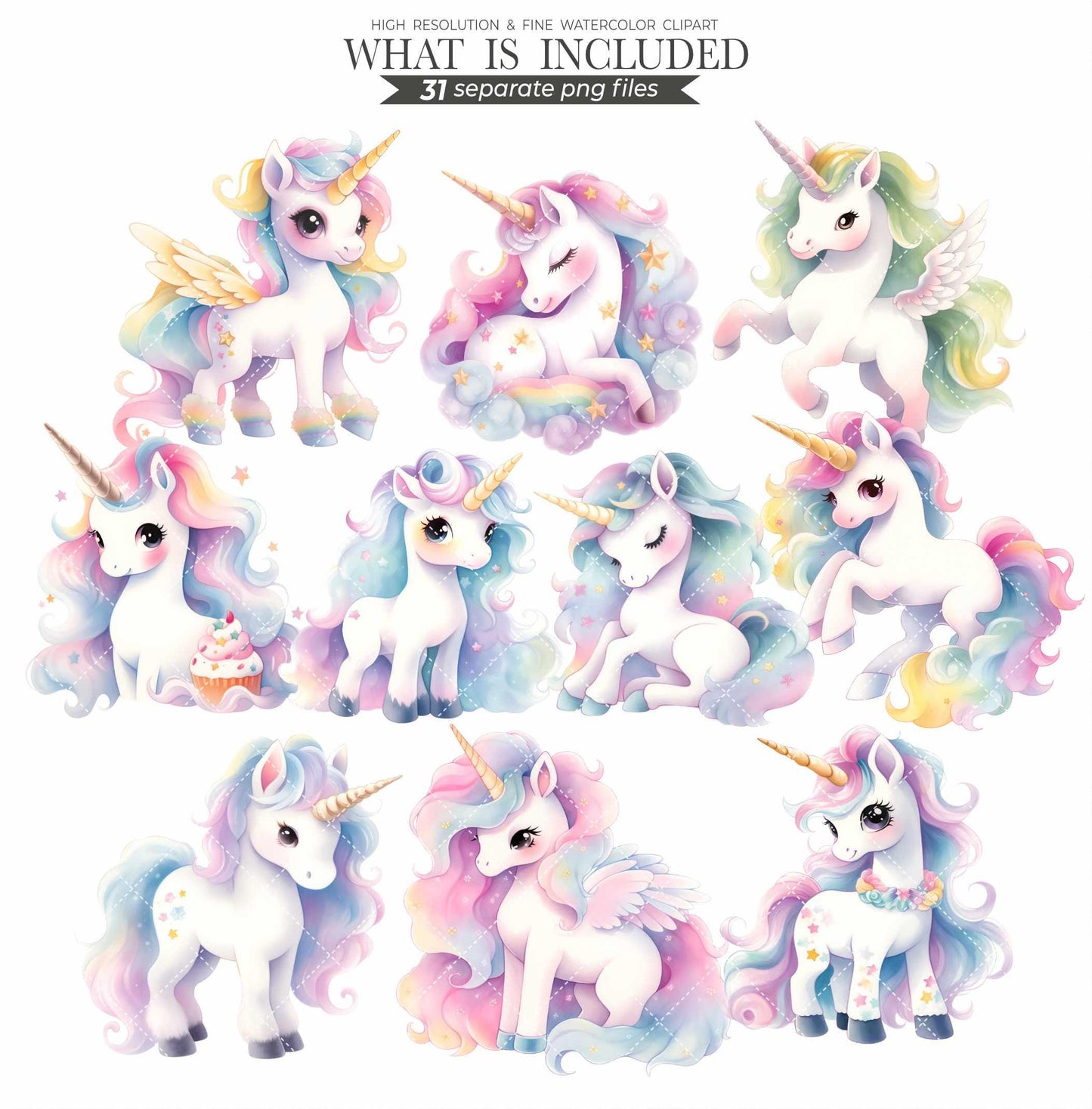Pastel Unicorn Clipart Set: Watercolor PNG Images (Commercial Use, Digital Download)