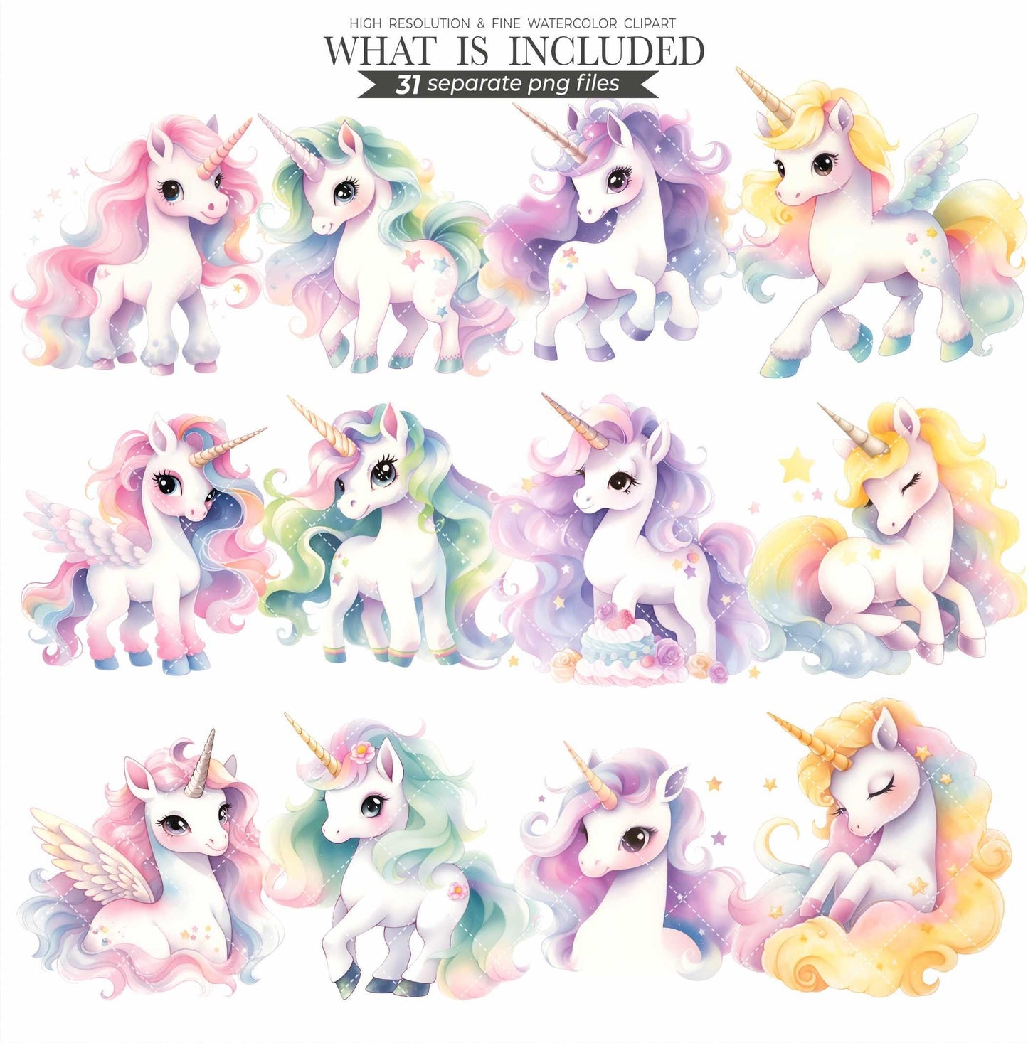 Pastel Unicorn Clipart Set: Watercolor PNG Images (Commercial Use, Digital Download)