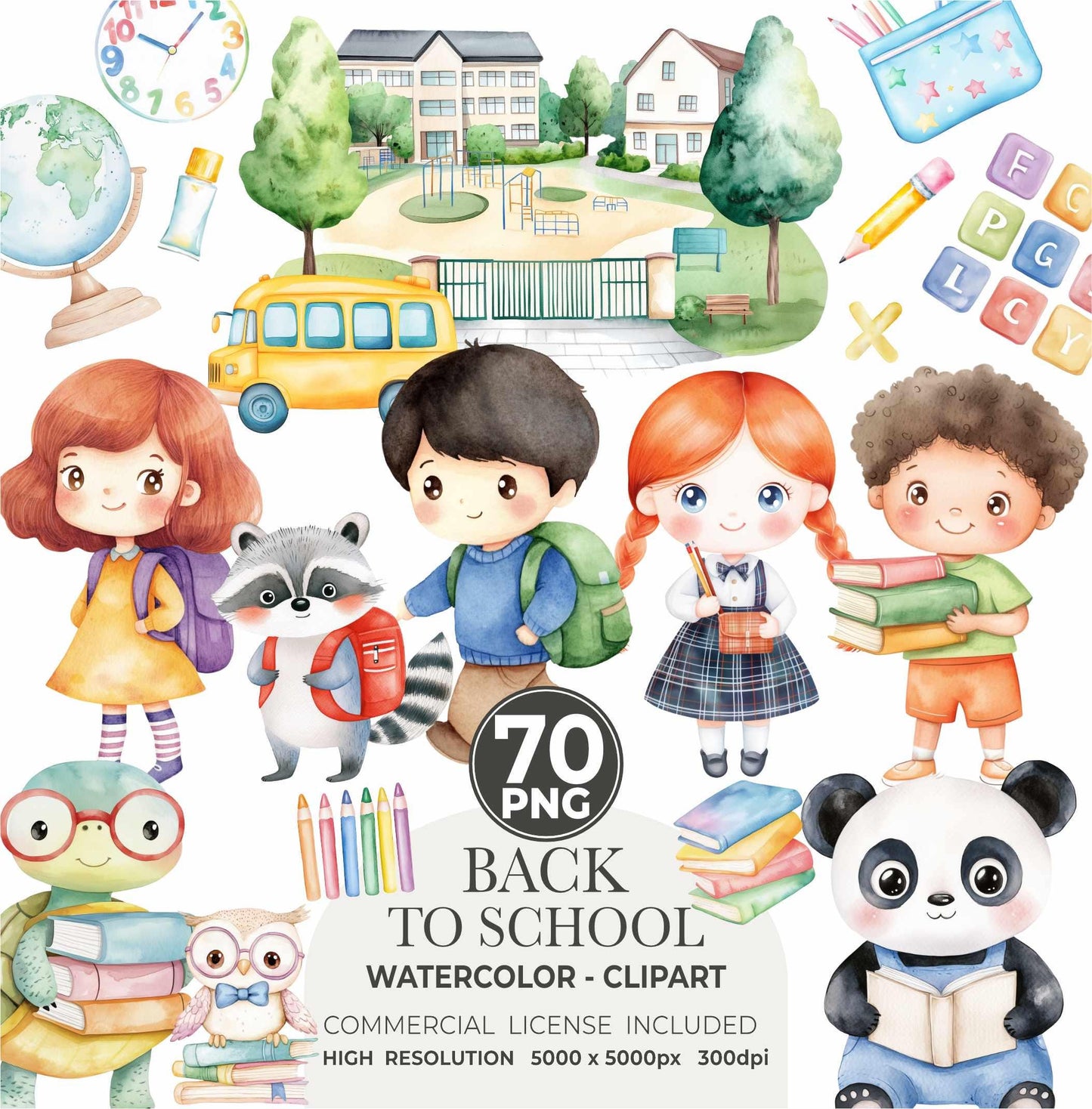 Back to School Clipart Bundle Cute Kids School Supplies Stationery Kawaii School Animals Teacher PNG Sublimation Commercial Use Clipart