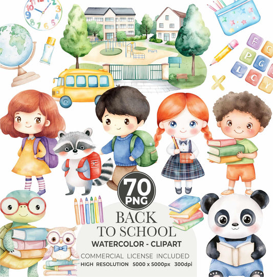 Back to School Clipart Bundle Cute Kids School Supplies Stationery Kawaii School Animals Teacher PNG Sublimation Commercial Use Clipart
