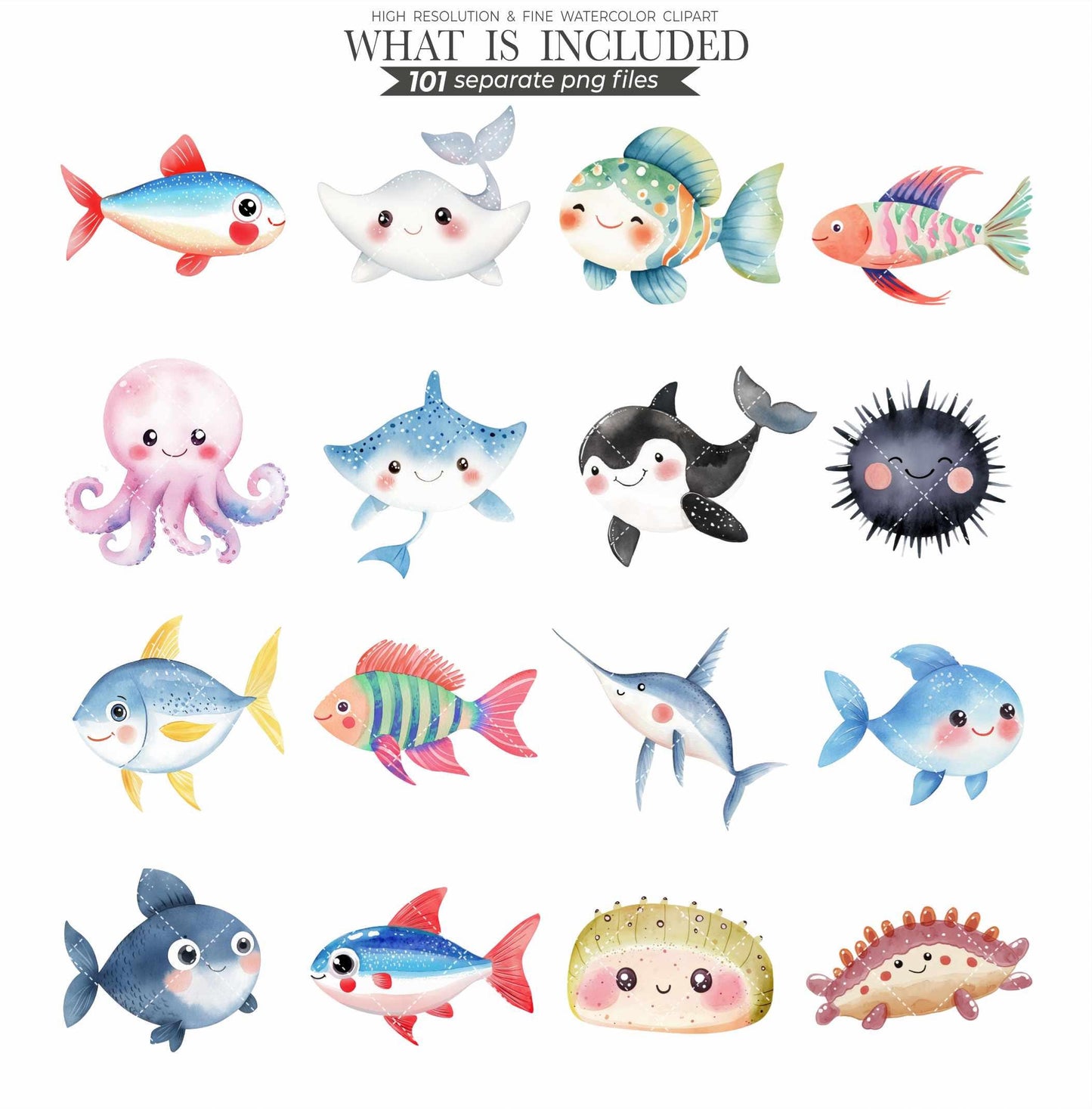 Watercolor Sea Animals Clipart: Ocean Nursery Art, Commercial Use (PNG Files)