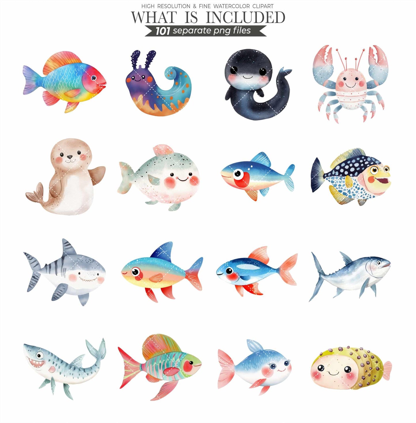 Watercolor Sea Animals Clipart: Ocean Nursery Art, Commercial Use (PNG Files)