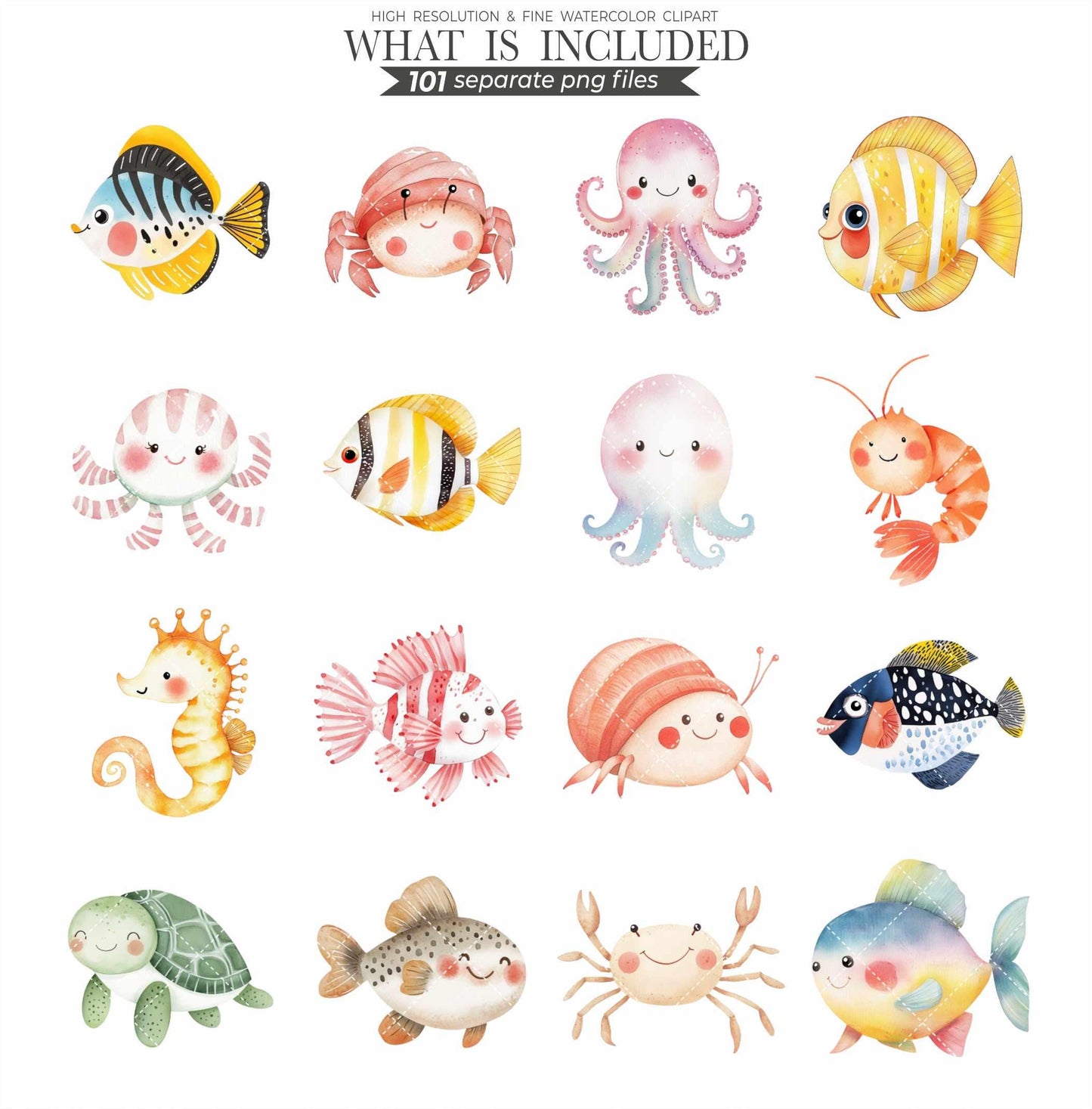 Watercolor Sea Animals Clipart: Ocean Nursery Art, Commercial Use (PNG Files)