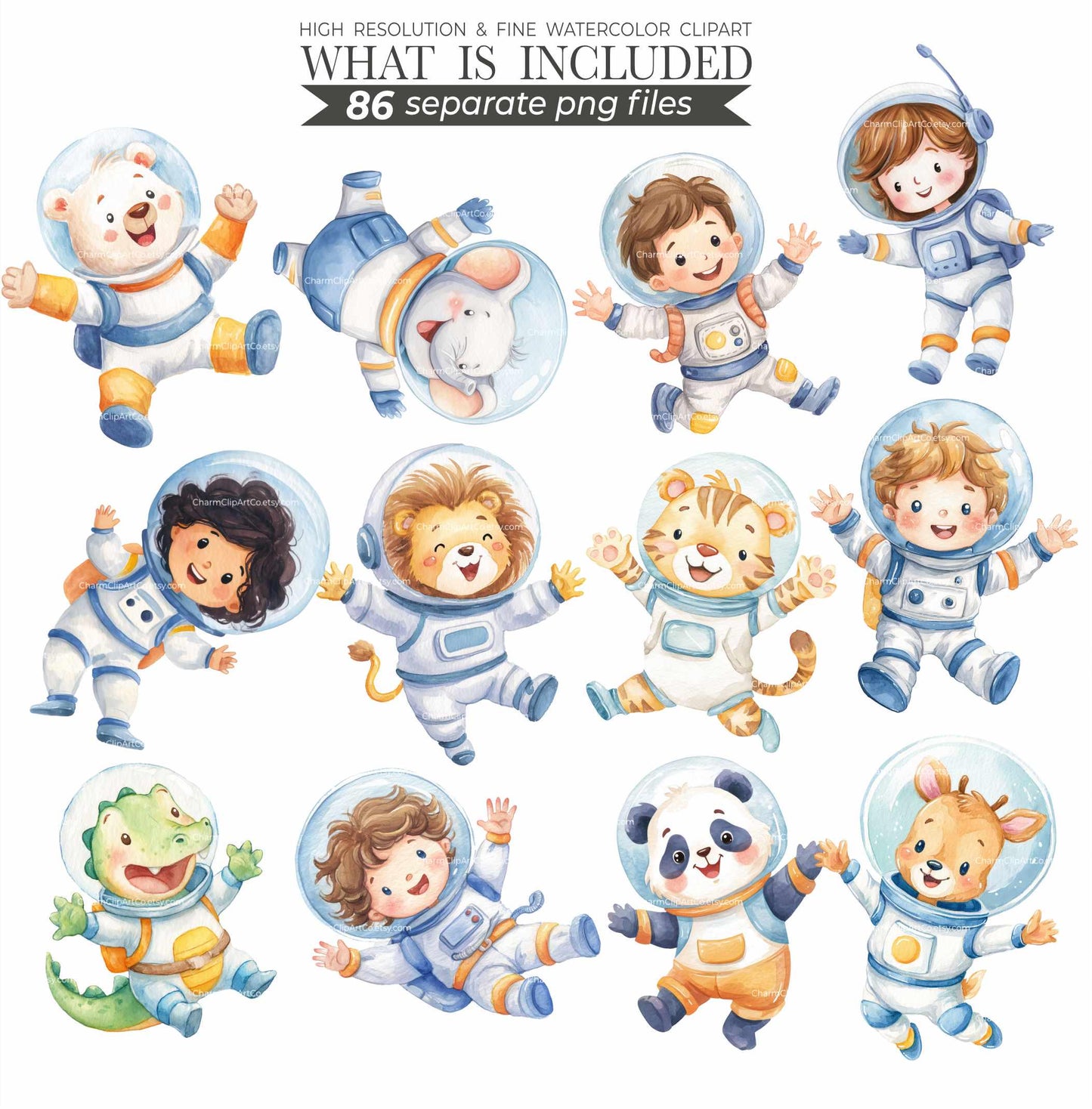 Cute Astronaut Clipart - Watercolor - Outer Space Png - High Quality - Galaxy Clipart - Birthday Png - Rocket Png - Planets - Commercial Use