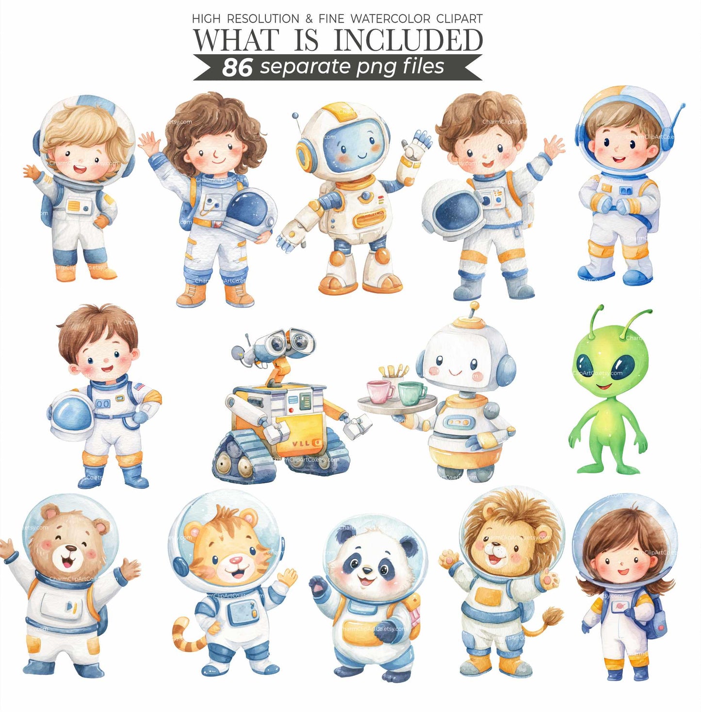 Cute Astronaut Clipart - Watercolor - Outer Space Png - High Quality - Galaxy Clipart - Birthday Png - Rocket Png - Planets - Commercial Use