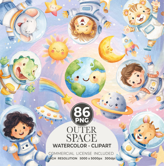 Cute Astronaut Clipart - Watercolor - Outer Space Png - High Quality - Galaxy Clipart - Birthday Png - Rocket Png - Planets - Commercial Use