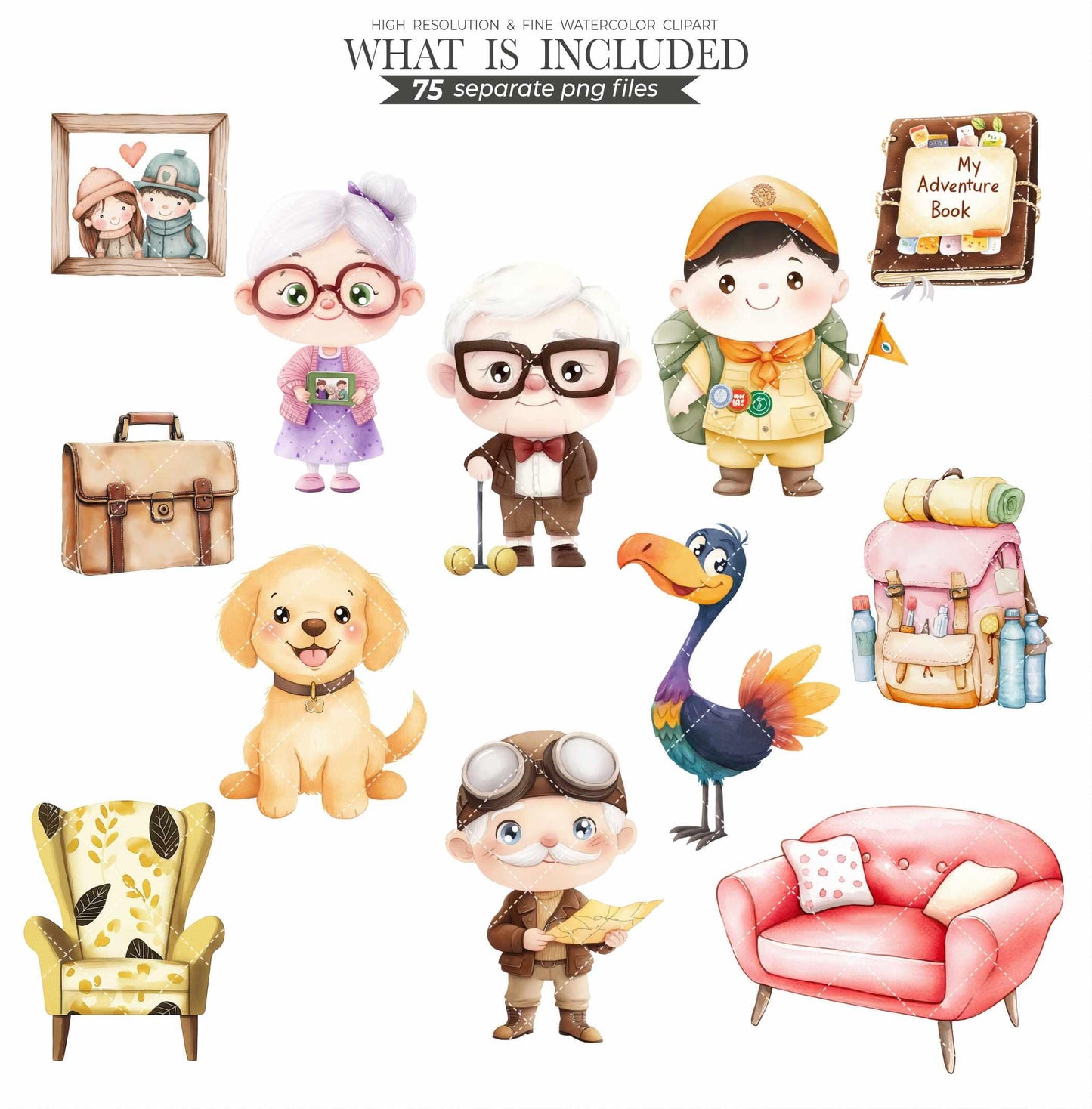 Up Movie Clipart Set: Watercolor Carl, Russell, Balloon House (PNG Files, Digital Download