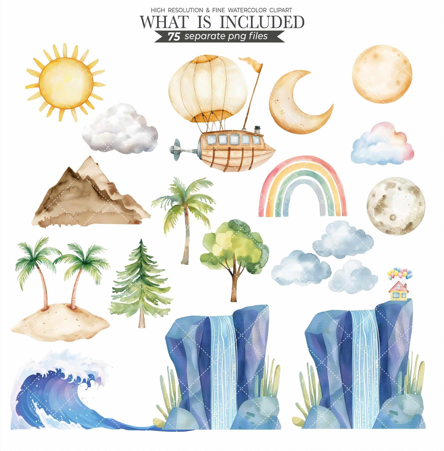 Up Movie Clipart Set: Watercolor Carl, Russell, Balloon House (PNG Files, Digital Download