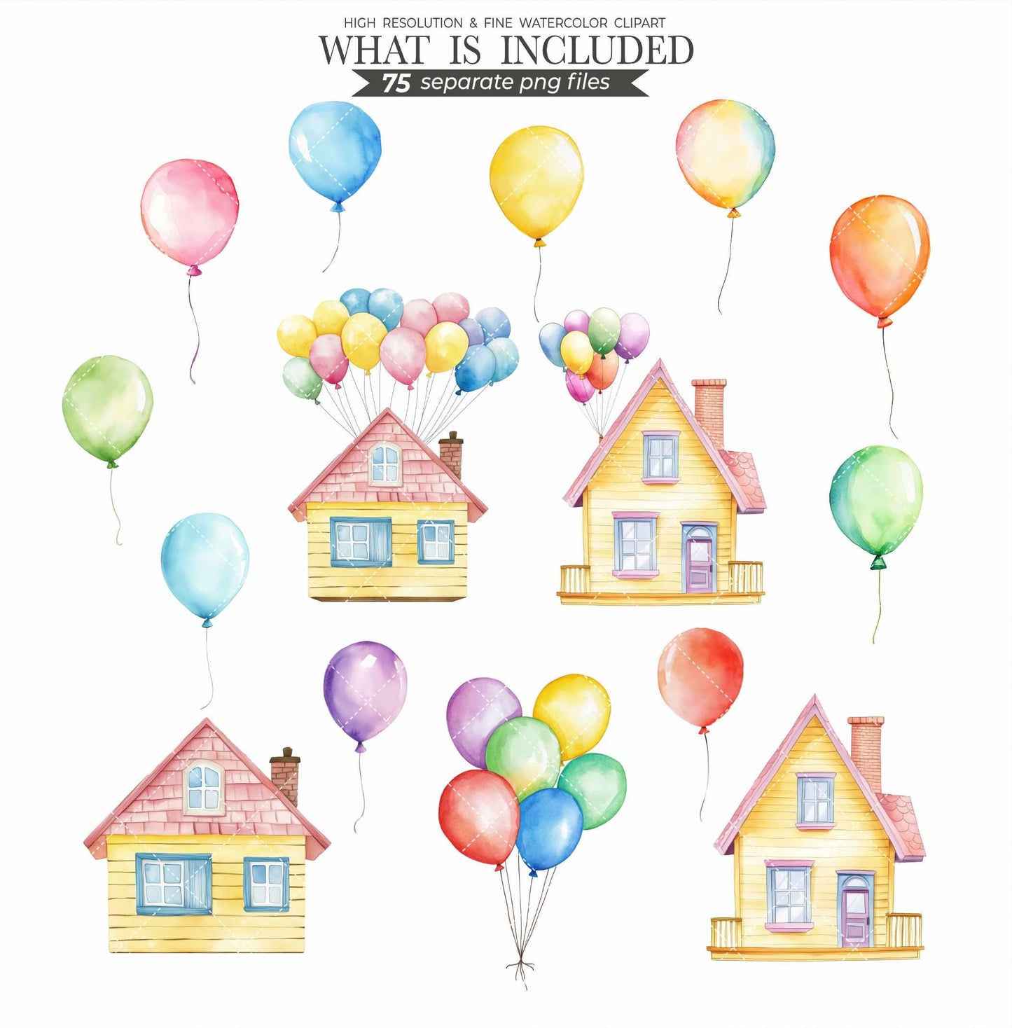 Up Movie Clipart Set: Watercolor Carl, Russell, Balloon House (PNG Files, Digital Download