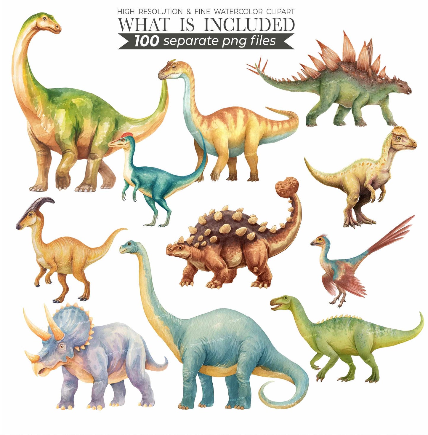 Watercolor Dinosaur Clipart Bundle: Prehistoric Art, 200 PNGs (Digital Download)