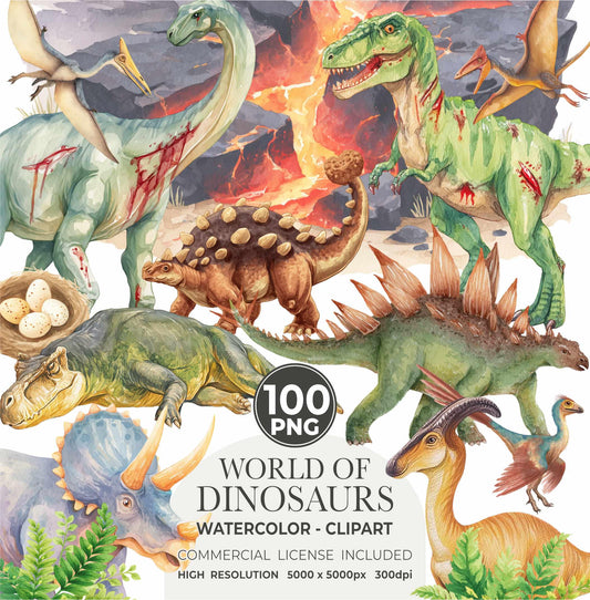 Watercolor Dinosaur Clipart Bundle: Prehistoric Art, 200 PNGs (Digital Download)