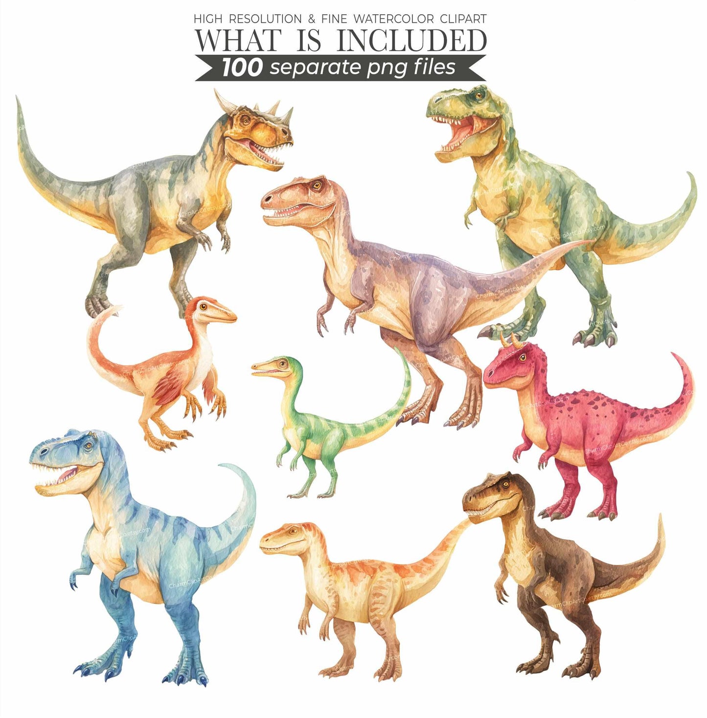 Watercolor Dinosaur Clipart Bundle: Prehistoric Art, 200 PNGs (Digital Download)