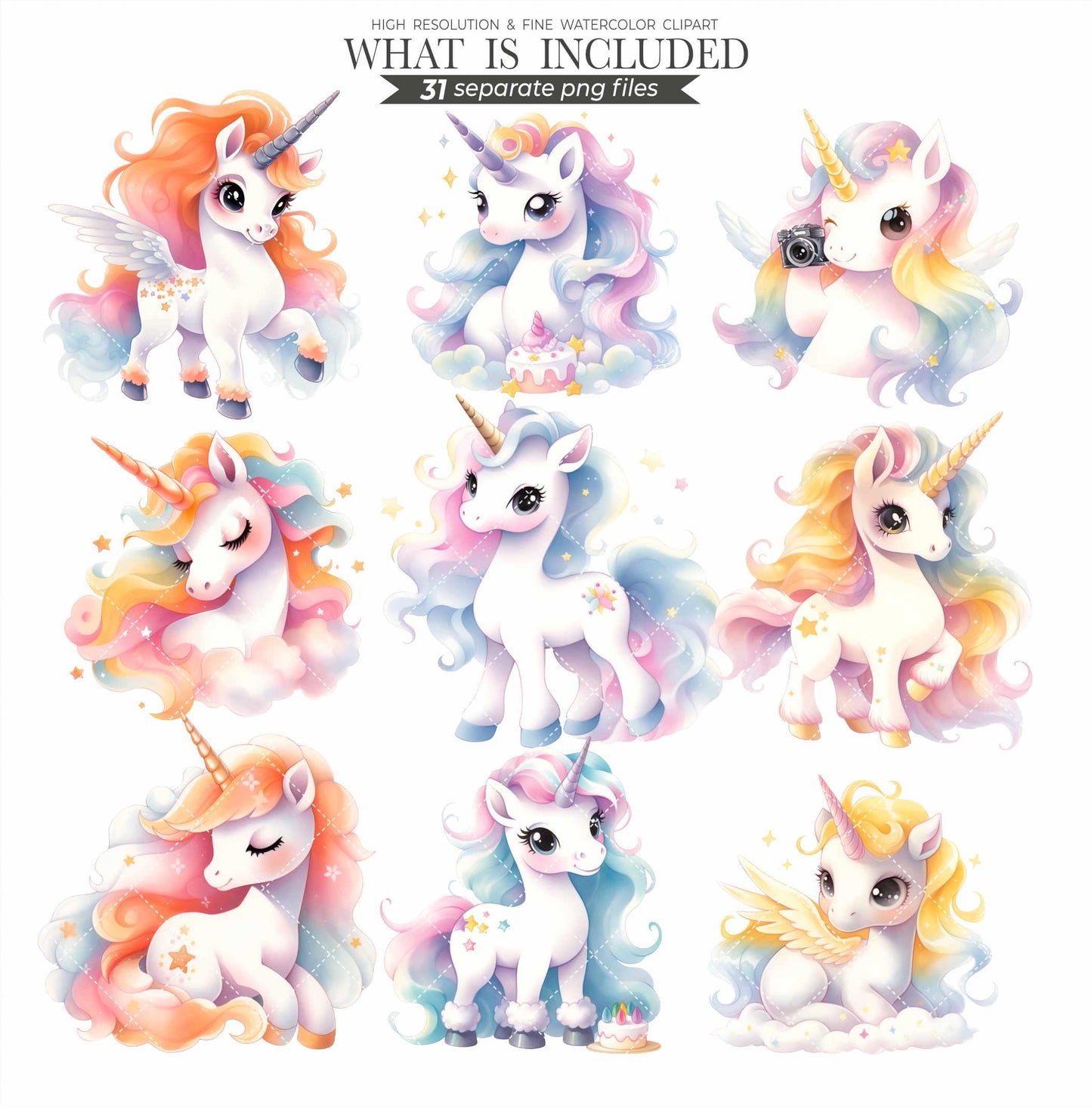 Pastel Unicorn Clipart Set: Watercolor PNG Images (Commercial Use, Digital Download)