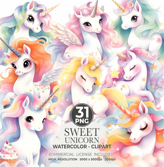 Pastel Unicorn Clipart Set: Watercolor PNG Images (Commercial Use, Digital Download)