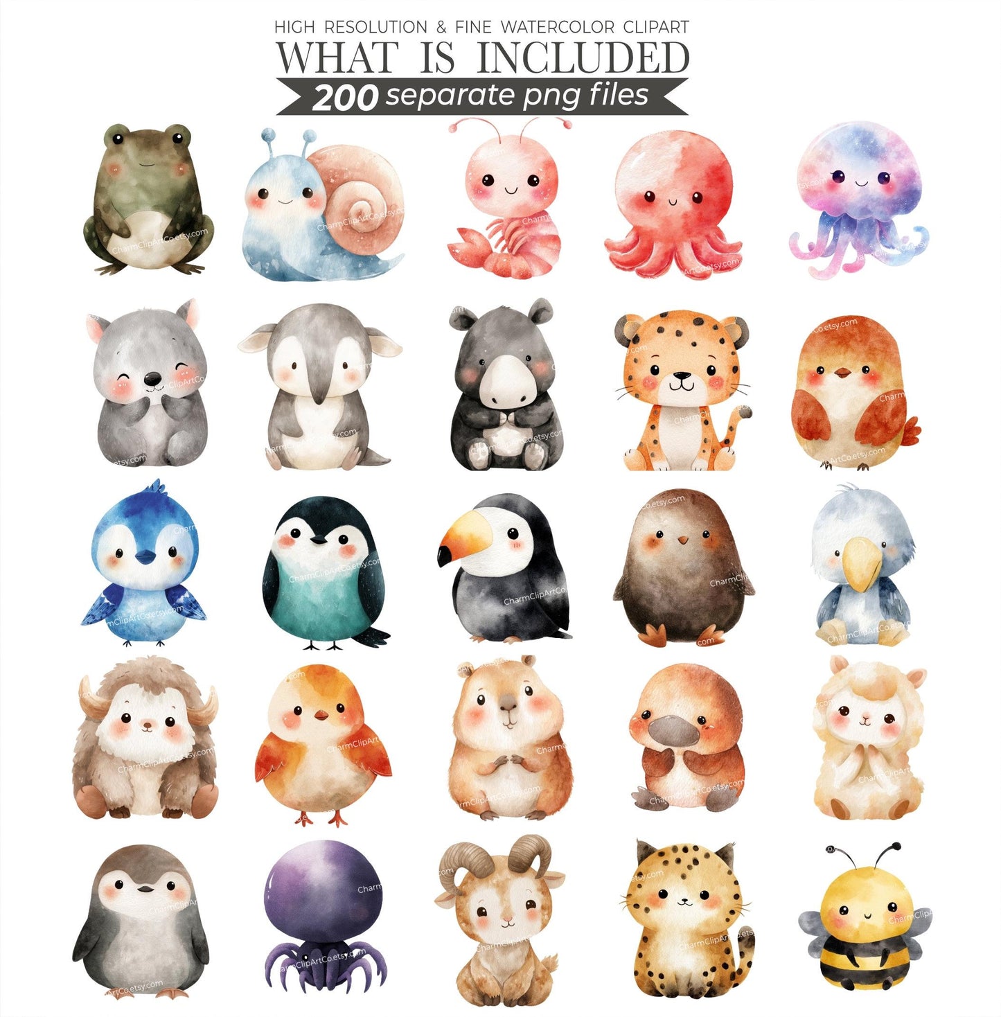 Watercolor Cute Animals Clipart 200 Cute Animal PNG Watercolor Animals Cute baby Animal Bundle Baby Animals Printable Animals Clipart Bundle