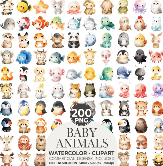 Watercolor Cute Animals Clipart 200 Cute Animal PNG Watercolor Animals Cute baby Animal Bundle Baby Animals Printable Animals Clipart Bundle