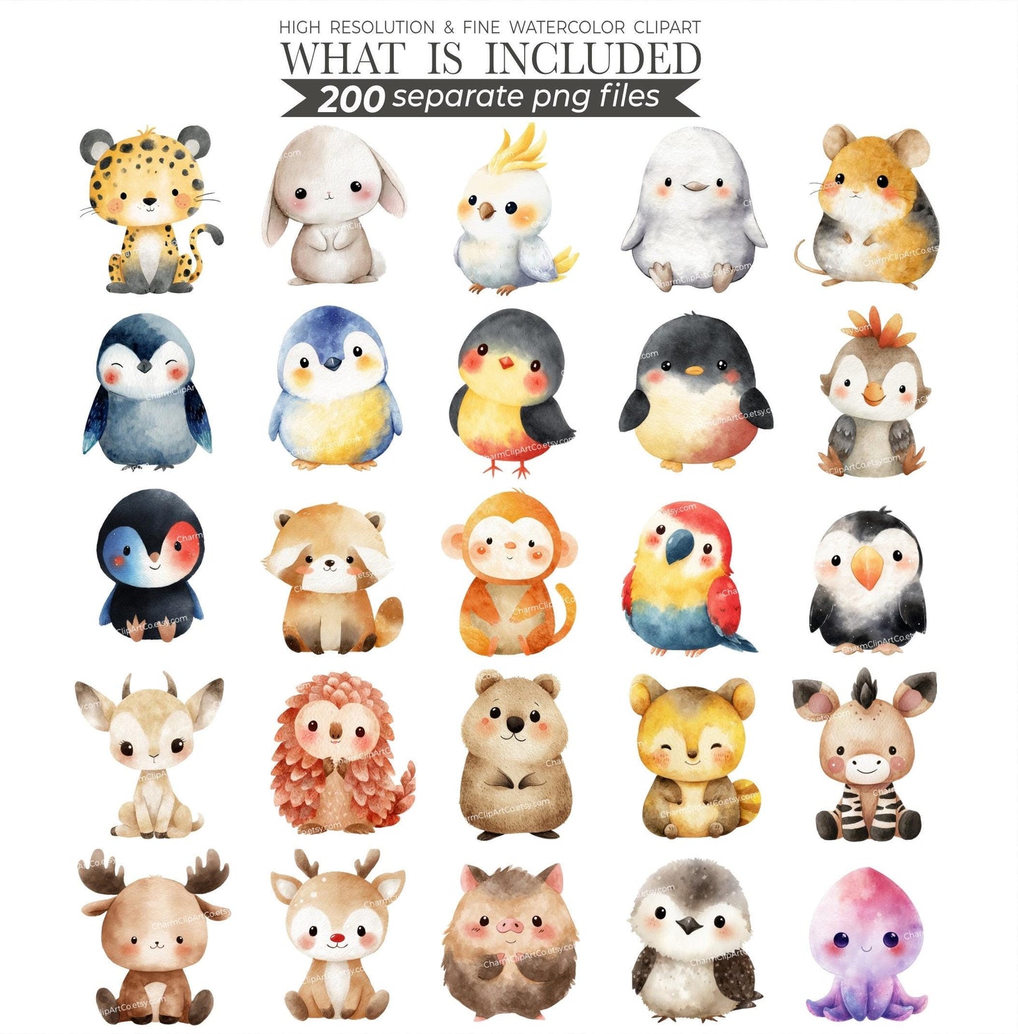 Watercolor Cute Animals Clipart 200 Cute Animal PNG Watercolor Animals Cute baby Animal Bundle Baby Animals Printable Animals Clipart Bundle