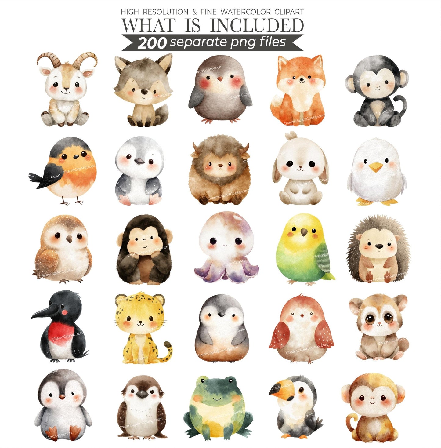 Watercolor Cute Animals Clipart 200 Cute Animal PNG Watercolor Animals Cute baby Animal Bundle Baby Animals Printable Animals Clipart Bundle