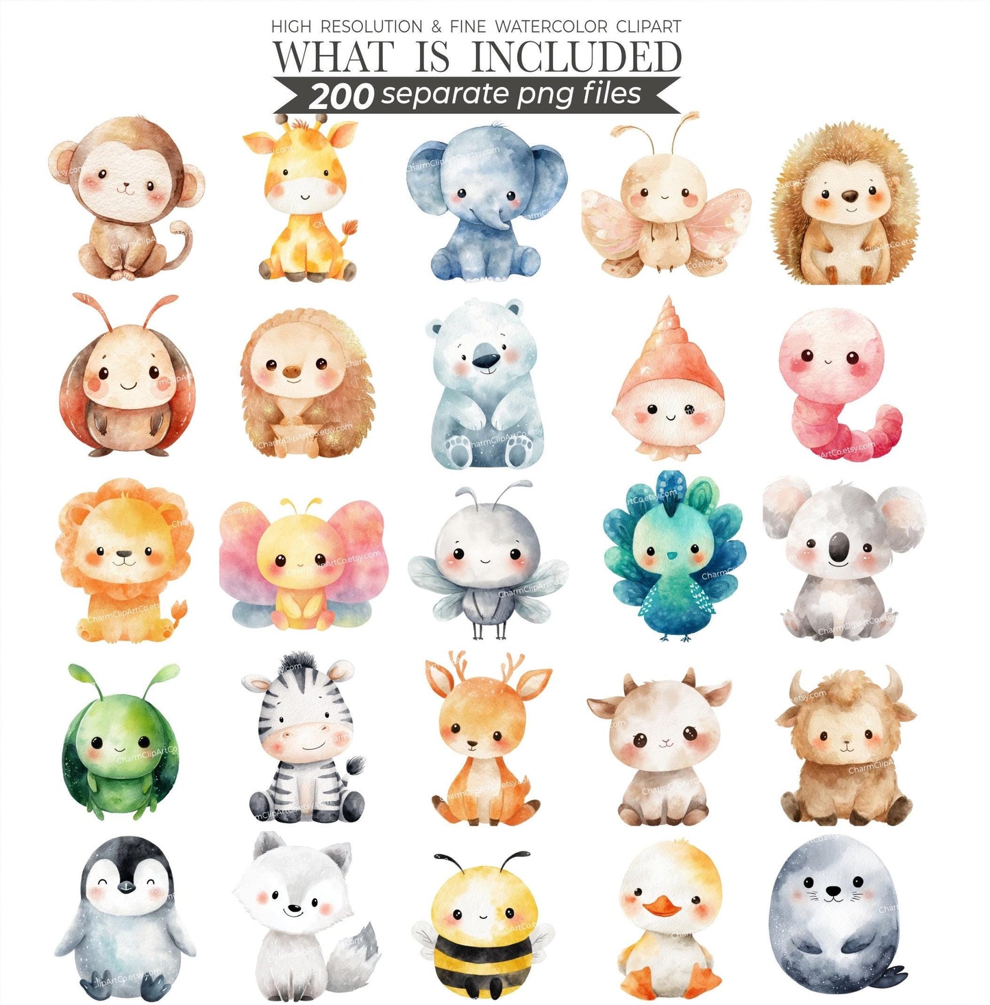 Watercolor Cute Animals Clipart 200 Cute Animal PNG Watercolor Animals Cute baby Animal Bundle Baby Animals Printable Animals Clipart Bundle