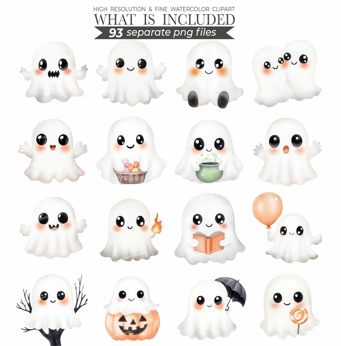 Watercolor Cute Halloween Clipart Bundle, Spooky Ghosts Clip Art, Pumpkin Clipart, Kids Halloween PNG, Cute Little Ghost
