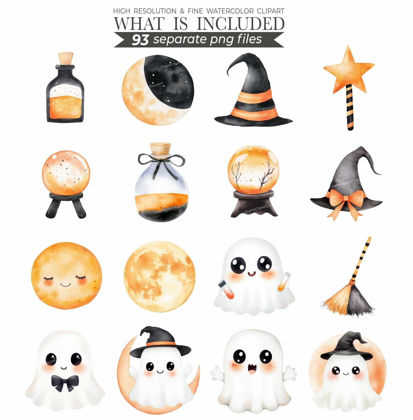 Watercolor Cute Halloween Clipart Bundle, Spooky Ghosts Clip Art, Pumpkin Clipart, Kids Halloween PNG, Cute Little Ghost