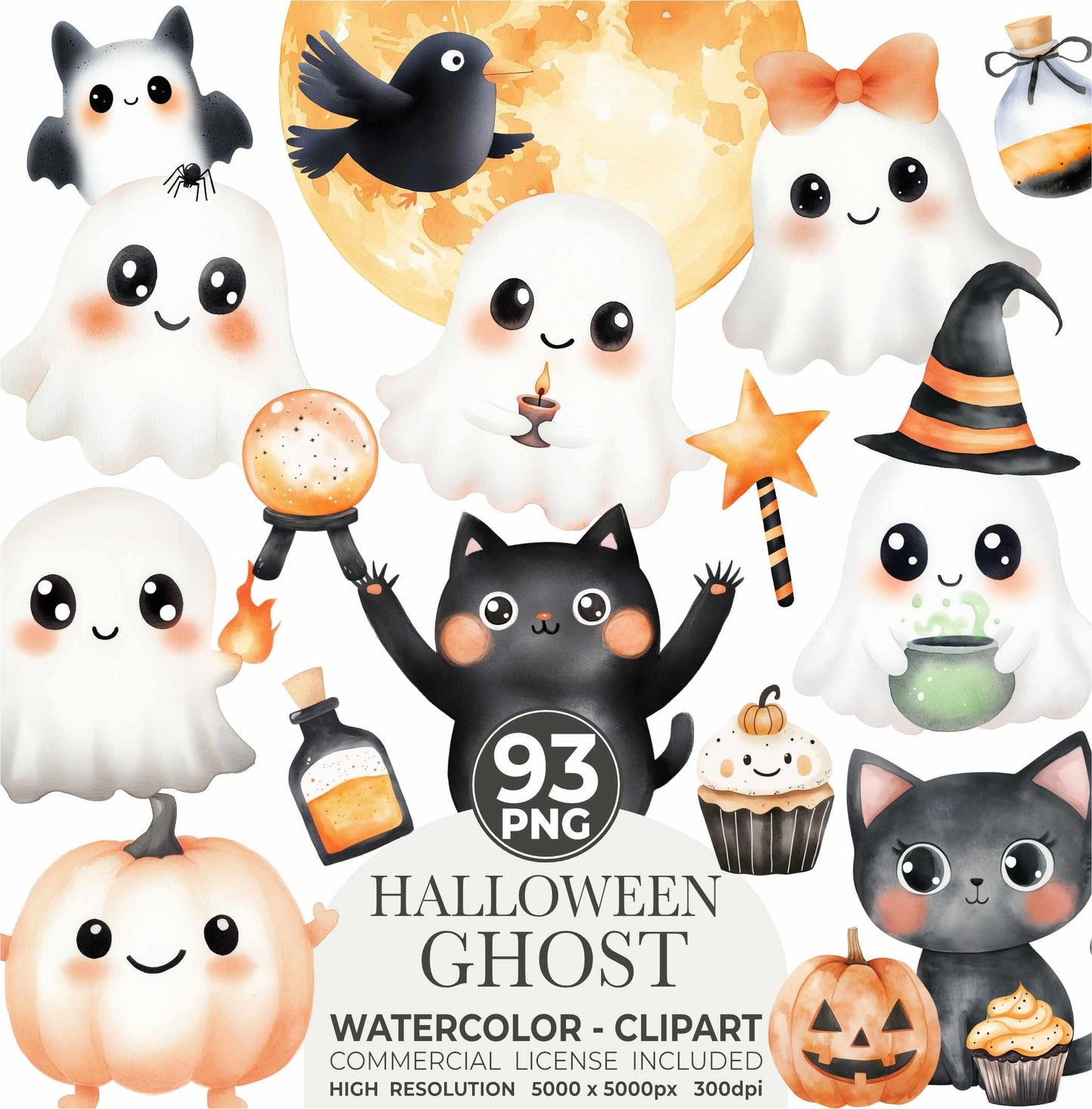 Watercolor Cute Halloween Clipart Bundle, Spooky Ghosts Clip Art, Pumpkin Clipart, Kids Halloween PNG, Cute Little Ghost