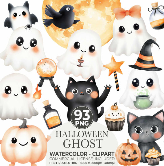 Watercolor Cute Halloween Clipart Bundle, Spooky Ghosts Clip Art, Pumpkin Clipart, Kids Halloween PNG, Cute Little Ghost