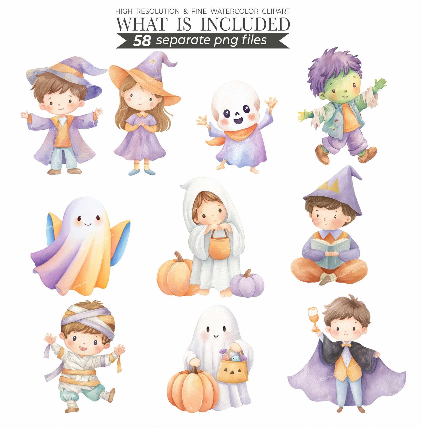 Cute Halloween Clipart - Watercolor - Kawaii Png - Ghost - Frankenstein - Vampire - Halloween Png - Kid's Clipart Bundle - Commercial Use