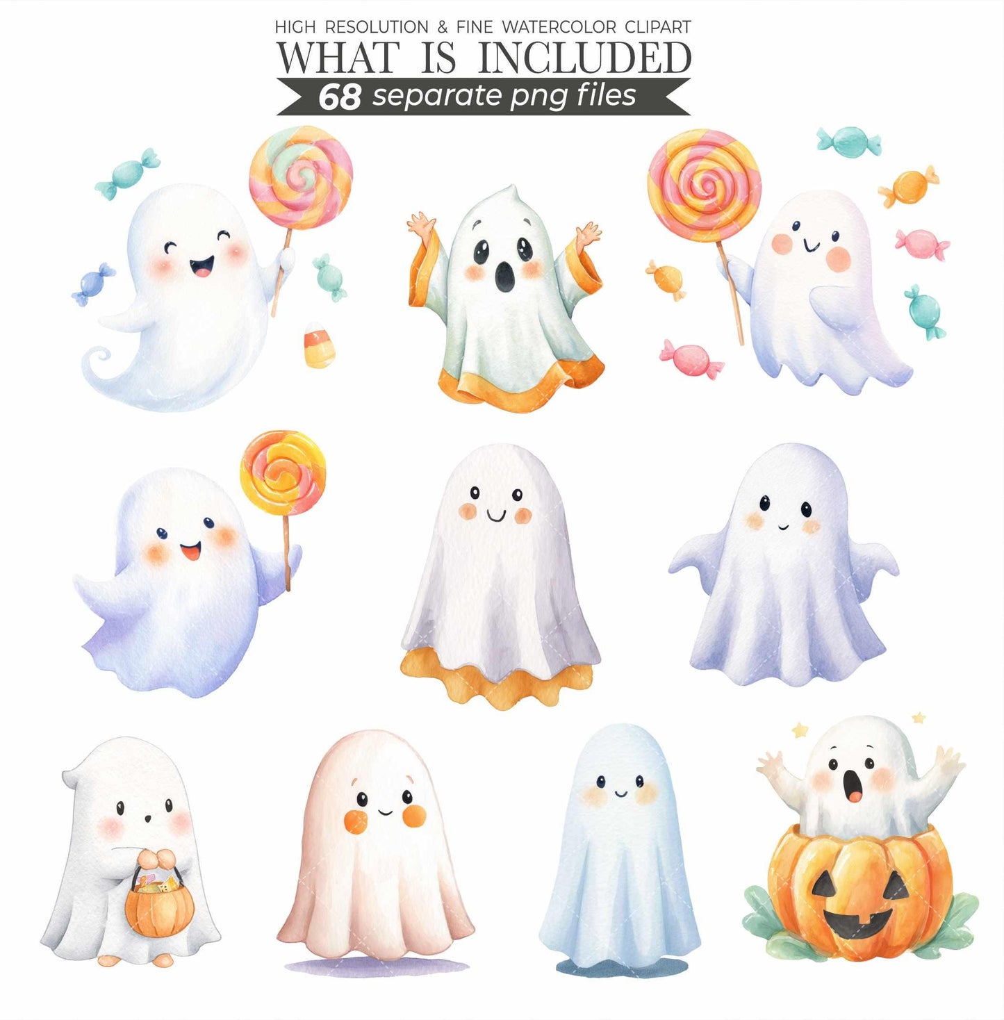 Watercolor Halloween Clipart Bundle: Pastel Ghosts, Pumpkins (PNG Digital Download)
