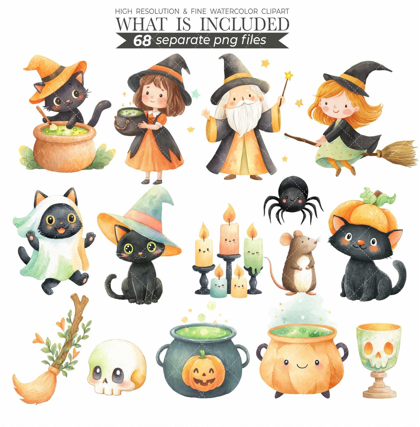 Watercolor Halloween Clipart Bundle: Pastel Ghosts, Pumpkins (PNG Digital Download)