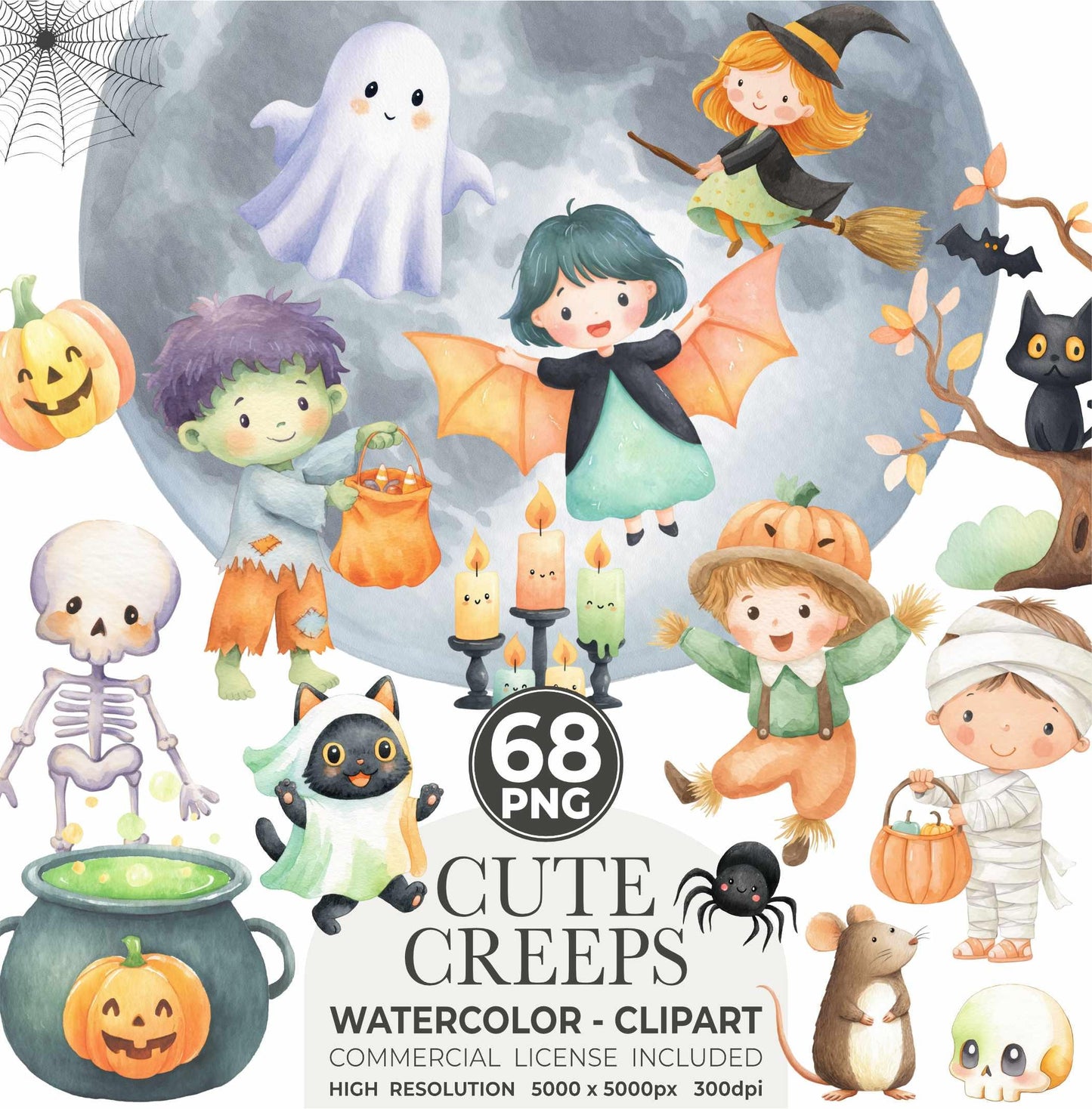 Watercolor Halloween Clipart Bundle: Pastel Ghosts, Pumpkins (PNG Digital Download)