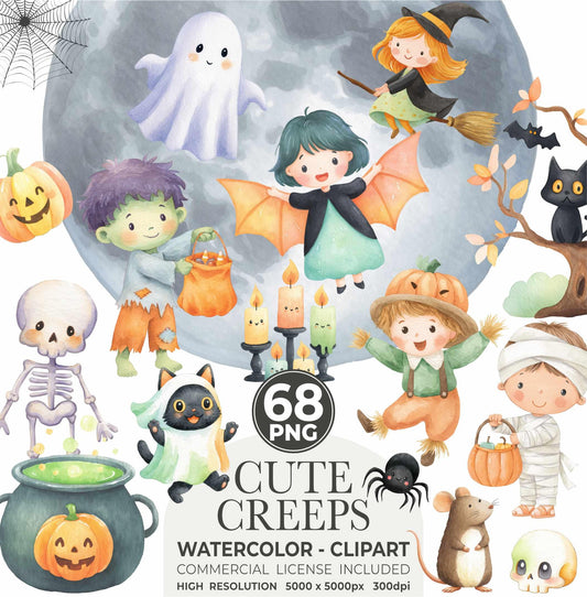 Watercolor Halloween Clipart Bundle: Pastel Ghosts, Pumpkins (PNG Digital Download)