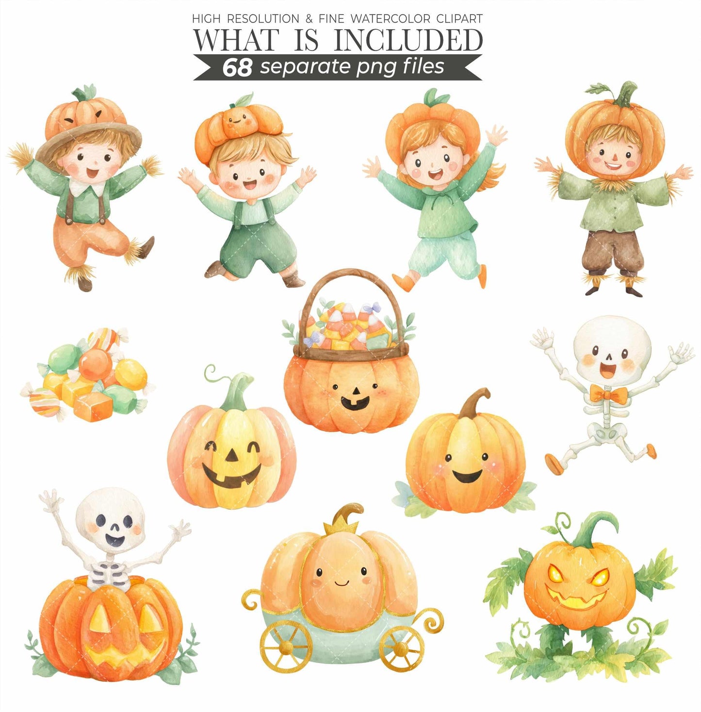 Watercolor Halloween Clipart Bundle: Pastel Ghosts, Pumpkins (PNG Digital Download)