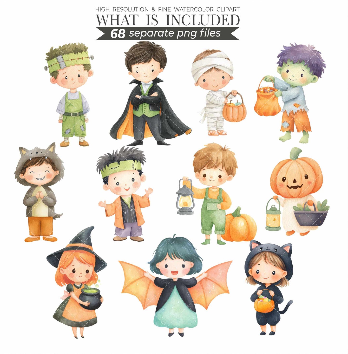 Watercolor Halloween Clipart Bundle: Pastel Ghosts, Pumpkins (PNG Digital Download)