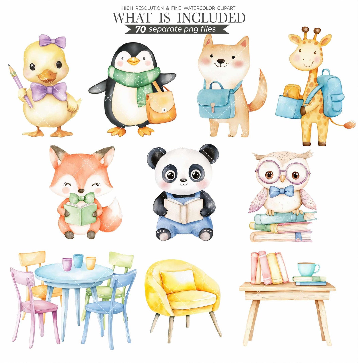 Back to School Clipart Bundle Cute Kids School Supplies Stationery Kawaii School Animals Teacher PNG Sublimation Commercial Use Clipart