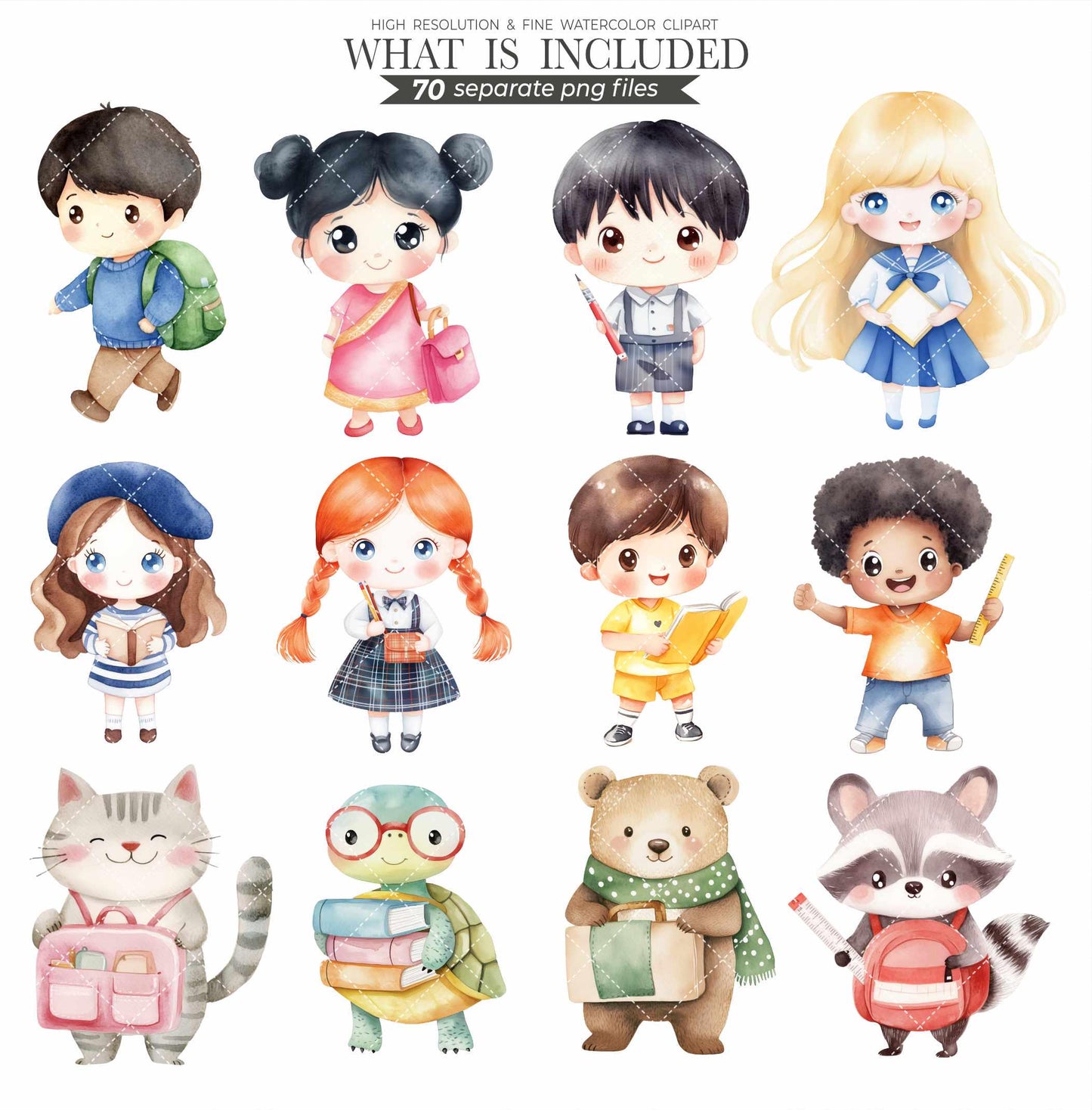 Back to School Clipart Bundle Cute Kids School Supplies Stationery Kawaii School Animals Teacher PNG Sublimation Commercial Use Clipart
