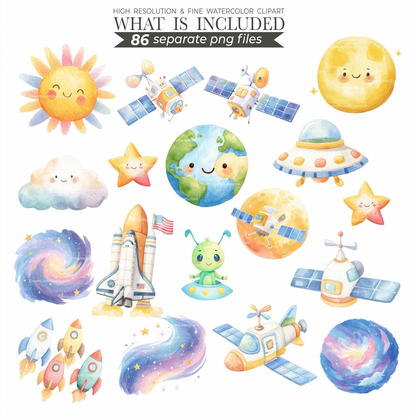 Cute Astronaut Clipart - Watercolor - Outer Space Png - High Quality - Galaxy Clipart - Birthday Png - Rocket Png - Planets - Commercial Use
