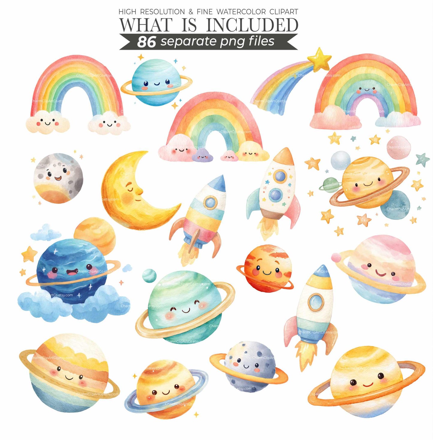 Cute Astronaut Clipart - Watercolor - Outer Space Png - High Quality - Galaxy Clipart - Birthday Png - Rocket Png - Planets - Commercial Use