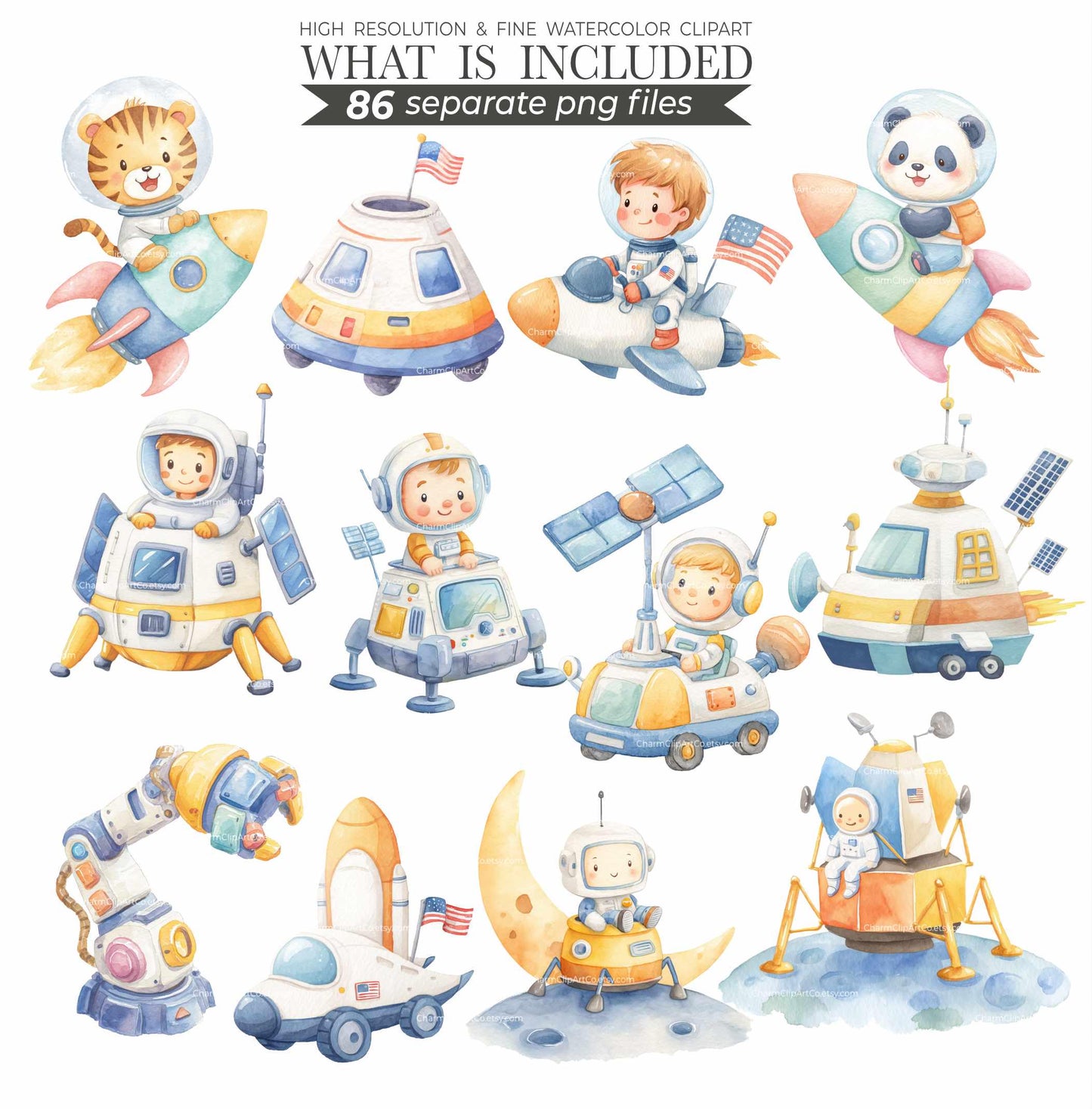 Cute Astronaut Clipart - Watercolor - Outer Space Png - High Quality - Galaxy Clipart - Birthday Png - Rocket Png - Planets - Commercial Use