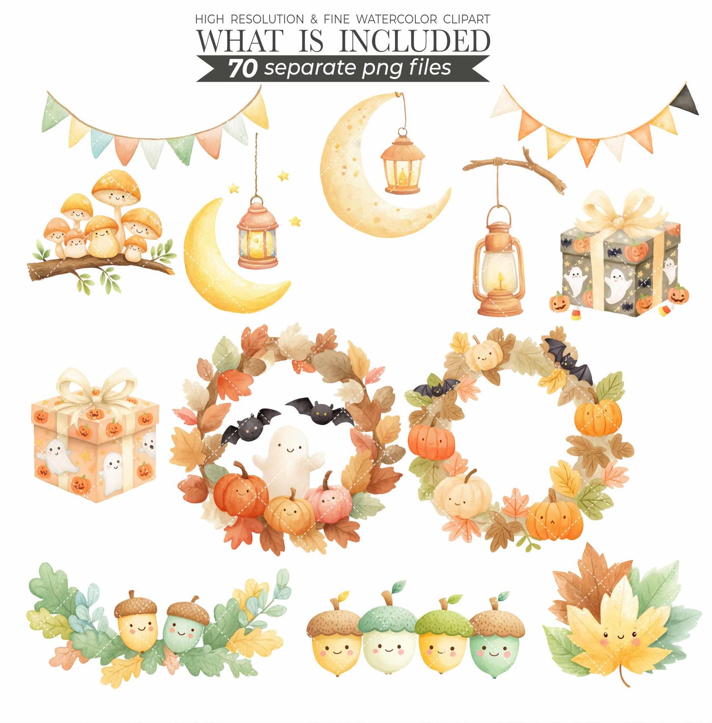 Woodland Halloween Clipart: Watercolor Forest Animals, Ghosts (PNG Digital Download
