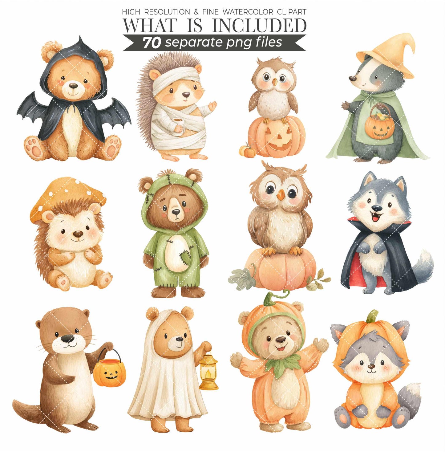 Woodland Halloween Clipart: Watercolor Forest Animals, Ghosts (PNG Digital Download