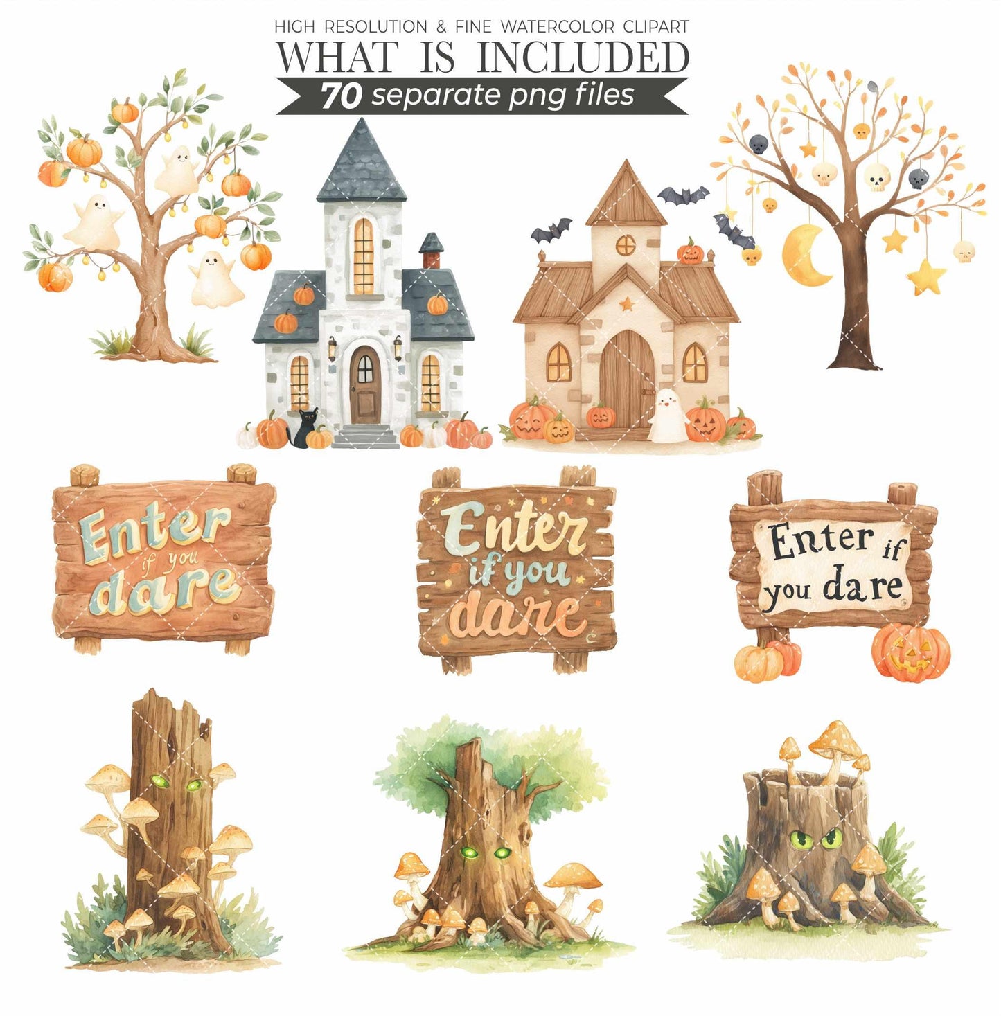 Woodland Halloween Clipart: Watercolor Forest Animals, Ghosts (PNG Digital Download
