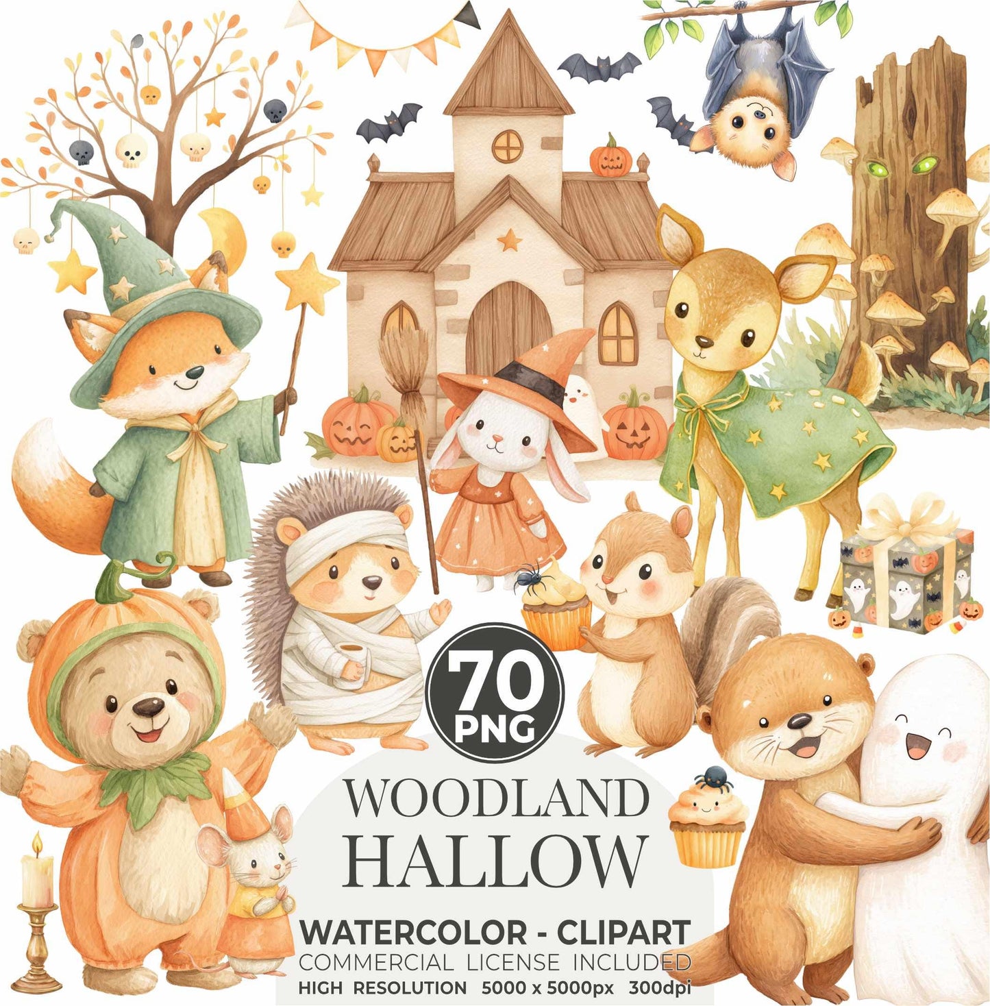 Woodland Halloween Clipart: Watercolor Forest Animals, Ghosts (PNG Digital Download