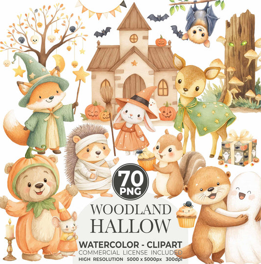 Woodland Halloween Clipart: Watercolor Forest Animals, Ghosts (PNG Digital Download